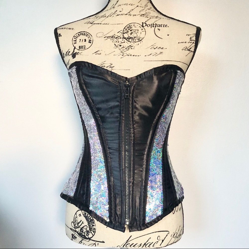 Beautiful Black Satin Glitter Corset w/ Lace Back